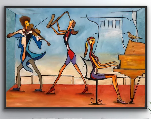Abstract Music Painting, Cubist Piano Violin Art Print