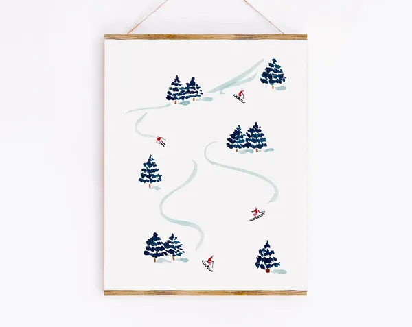 Little Skiers Winter Watercolor Art Print