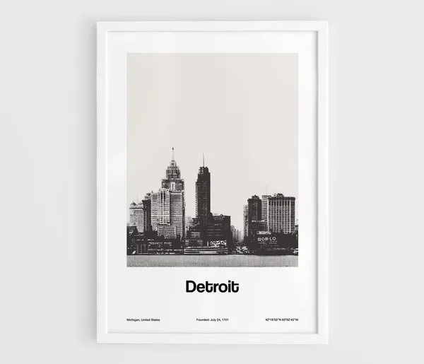 Old Detroit Skyline, Historic Black and White Art Print