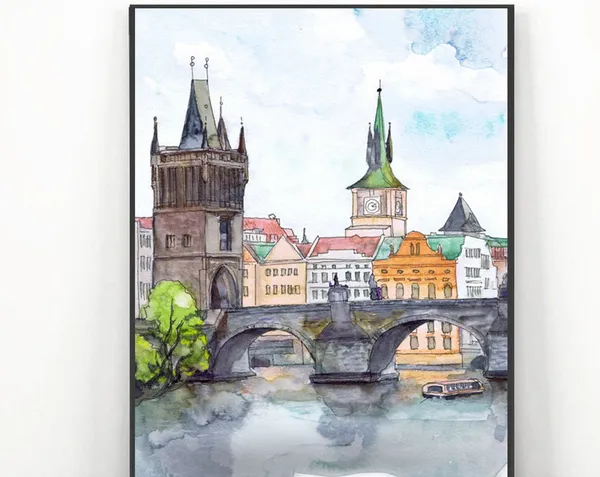 Prague, Czech Republic Travel Poster, Watercolor