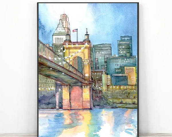 Cincinnati Skyline Watercolor Travel Poster, Cityscape