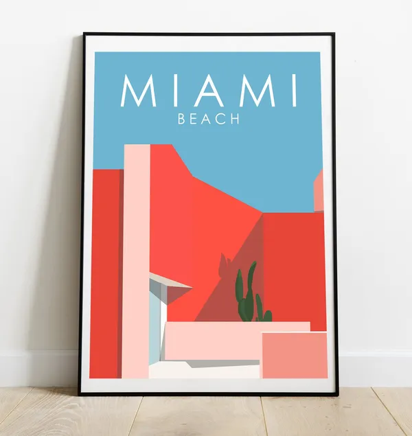Miami Beach Retro Travel Poster, Art Deco Style