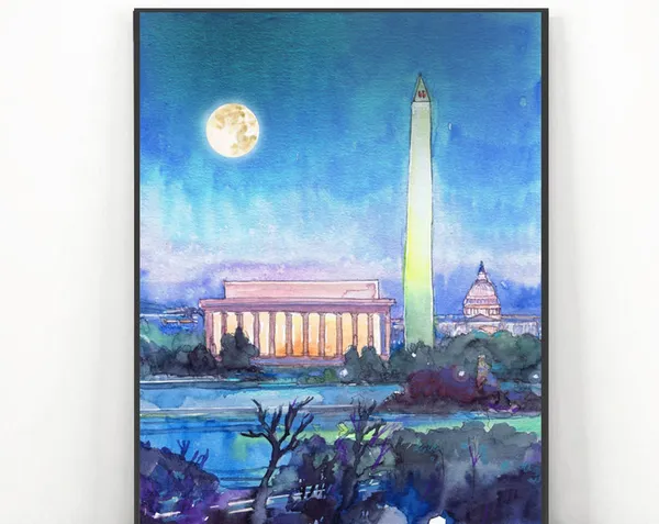 Washington DC Night Skyline Watercolor Travel Poster