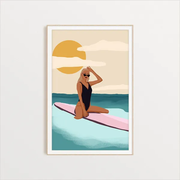 Surfer Girl Resting on Her Pink Board Art Print