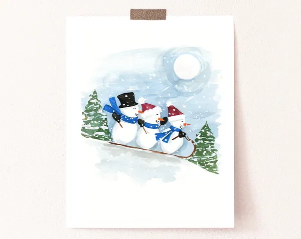 Sledding Snowmen Holiday Christmas Watercolor Art Print