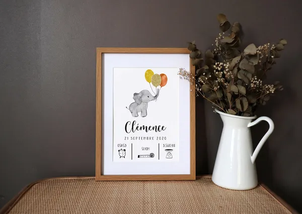 Personalized Elephant Birth Poster, Watercolor Art Print