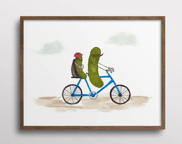 Whimsical Pickle With Mustache Bicycle Watercolor Art Print
