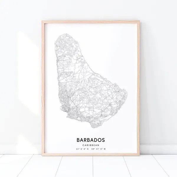 Barbados Map Print, Black White Minimalist Modern