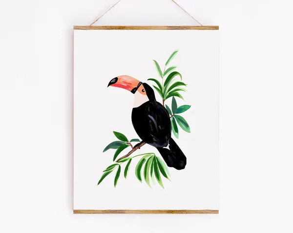 Toucan Art Print, Tropical Bird Botanical Drawing