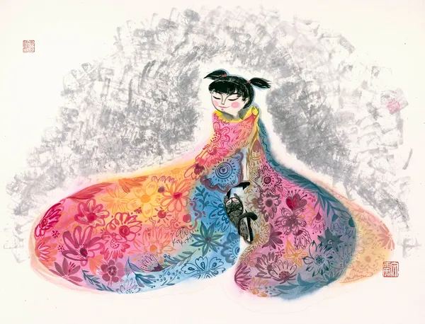 Chinese Ink Flowers and Girls Kids Room Art Print