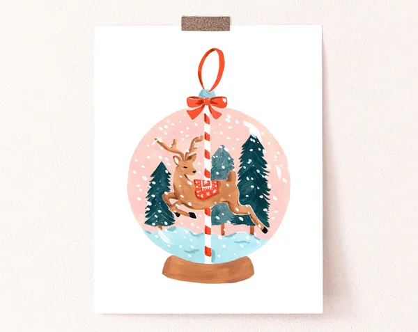 Reindeer Globe Holiday Christmas Watercolor Art Print