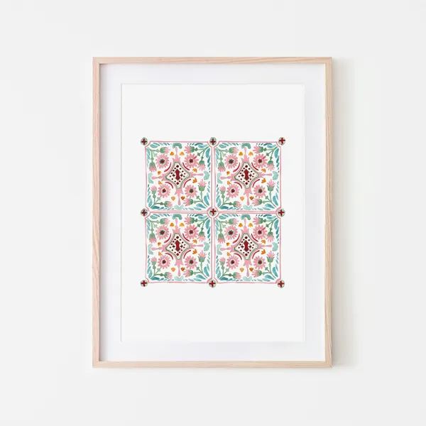 Moroccan Tiles Wall Art, Watercolor Home Decor