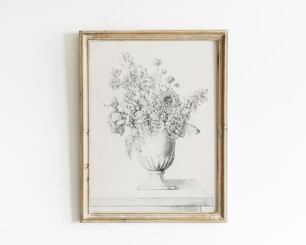 Vintage Flower Sketch Botanical Art Print, Floral Still Life