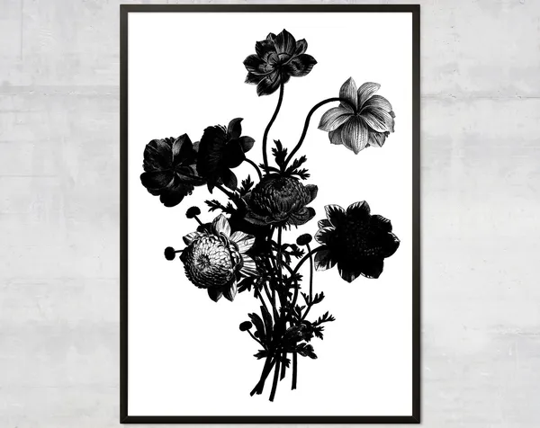 Vintage Bouquet Botanical Art Print, Black And White