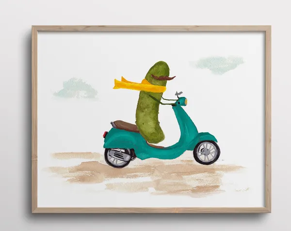 Whimsical Pickle on a Vespa Scooter Art Print