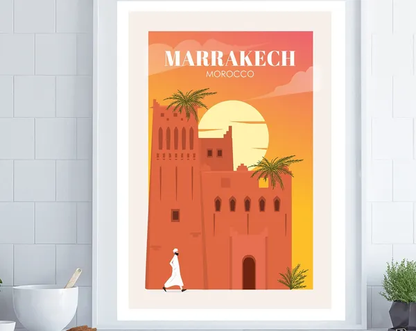 Marrakech Retro Travel Poster, Morocco City Poster