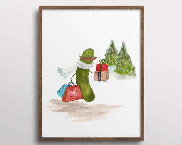 Whimsical Pickle Shopping For The Holidays, Art Print