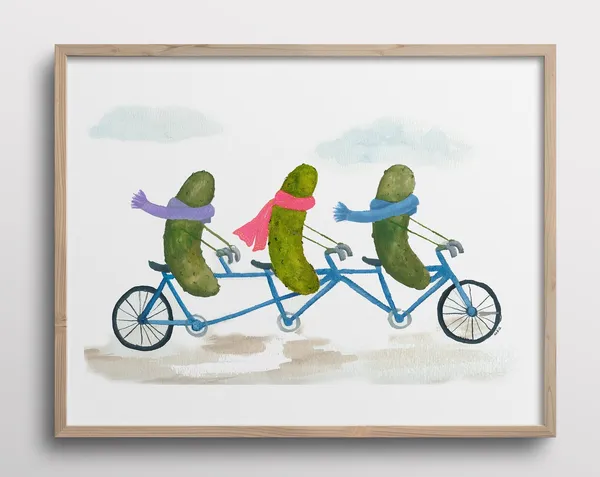 Whimsical Pickles on a Bicycle Watercolor Art Print