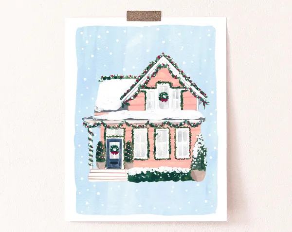 Pink Christmas House Art Print, Holiday Wall Decor