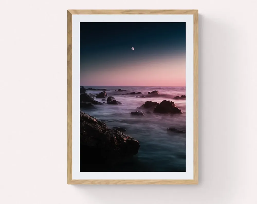Pink Moonrise Ocean Sunset Landscape Art Print