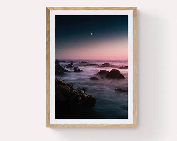 Pink Moonrise Ocean Sunset Landscape Art Print