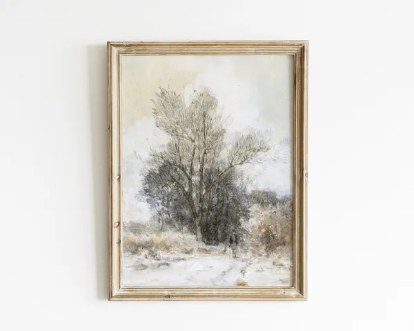 Winter Tree Watercolor Sketch, Vintage Art Print
