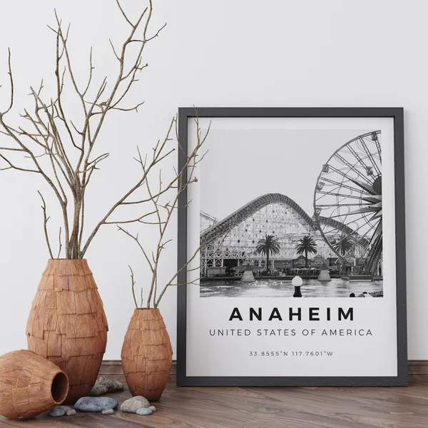 Anaheim Black and White Travel Poster, Wall Art Print