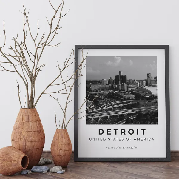 Detroit Black and White Travel Poster, Michigan