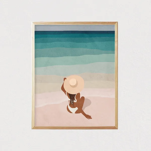 Boho Woman in Hat Beach Portrait, Mid-Century Art Print