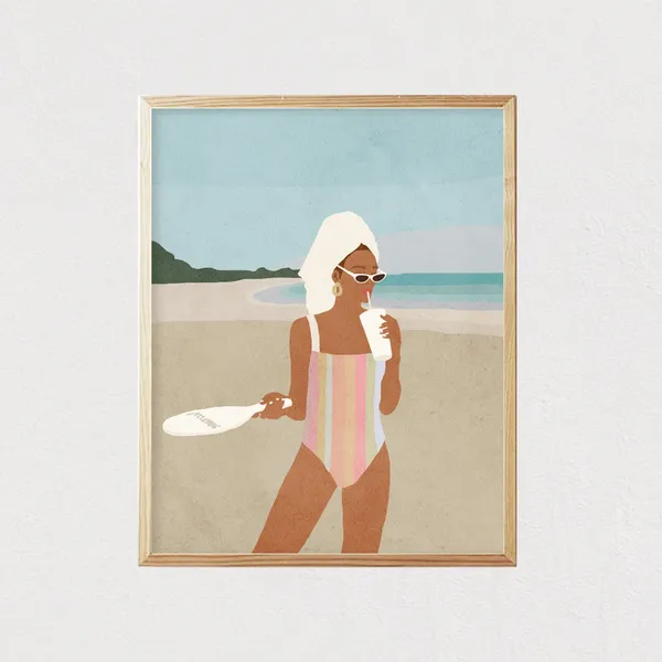 Abstract Beach Girl Portrait, Mid-Century Boho Art Print