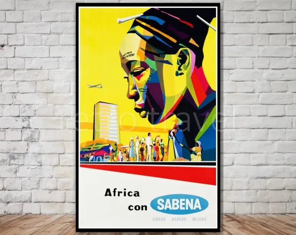 Sabena Airlines Africa Retro Travel Poster, African Art Print