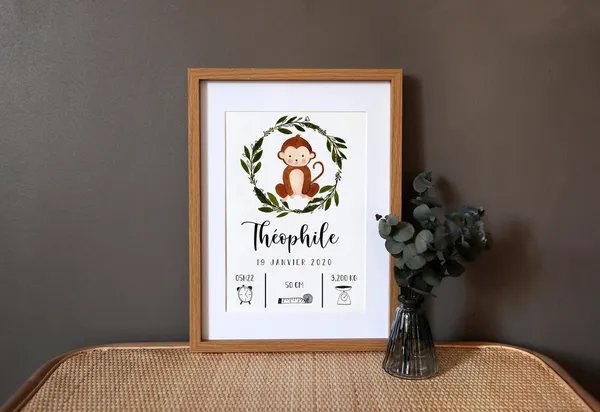 Personalized Birth Monkey Watercolor Art Print