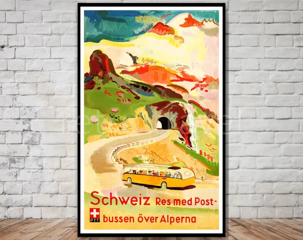 Switzerland Vintage Travel Poster, Alps Bus Route