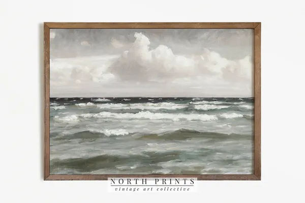 Seascape Coastal Painting, Vintage Ocean Art Print