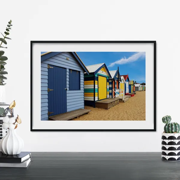 Colourful Beach Boxes Art Print