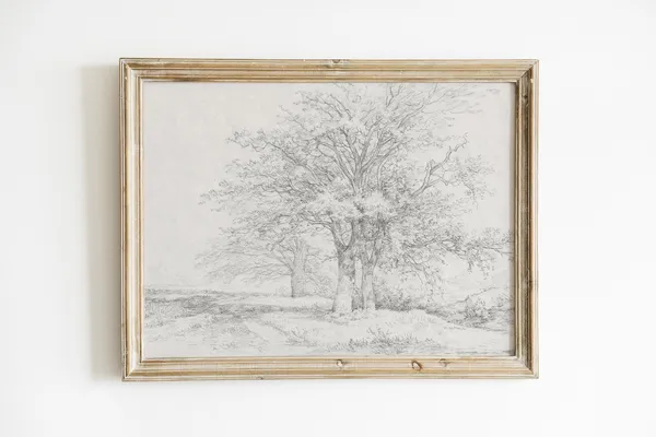 Vintage Tree Drawing Landscape Art Print, Nature Sketch