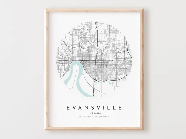 Evansville Indiana Map Print, City Street Poster