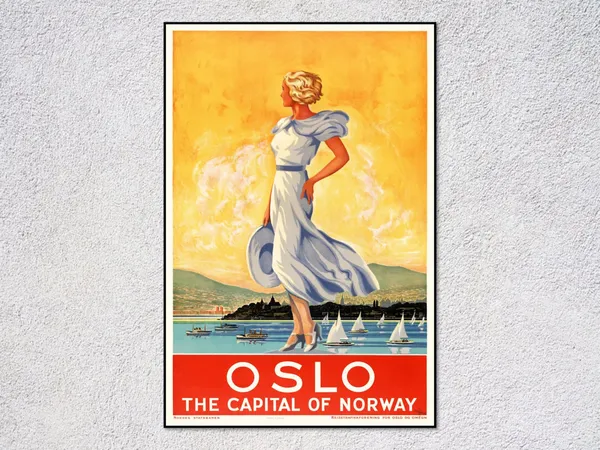 Oslo Norway Vintage Travel Poster, Mid-Century Decor