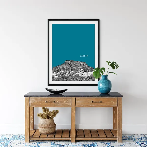 Lindos Rhodes City Skyline Travel Poster