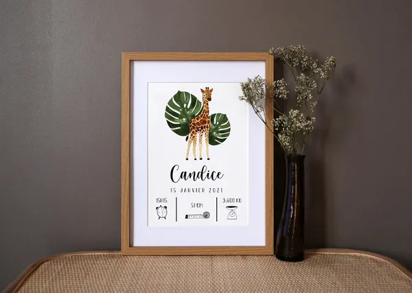 Personalized Giraffe Watercolor Birth Art Print