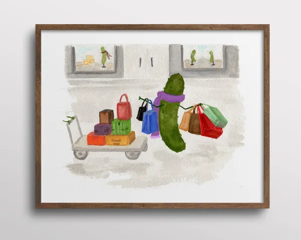 Whimsical Pickle Shopaholic Watercolor Art Print