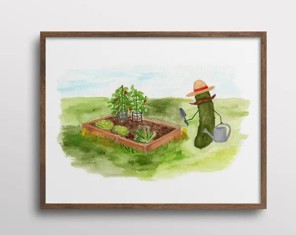 Whimsical Pickle With Mustache, Watercolor Art Print