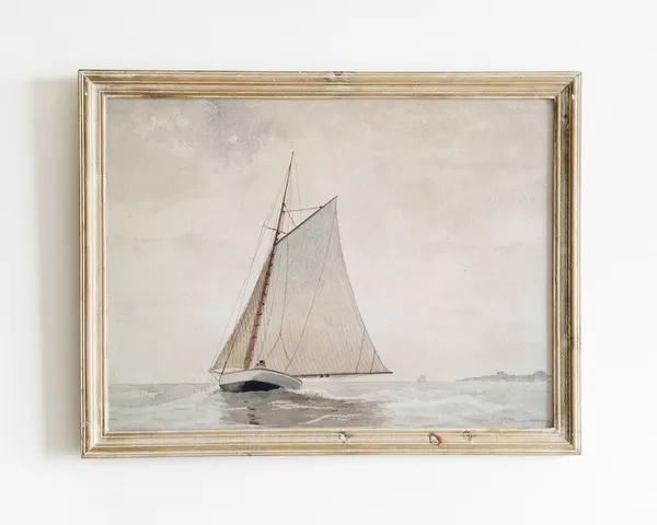 Vintage Ocean Boat Landscape Art Print, Beach Decor