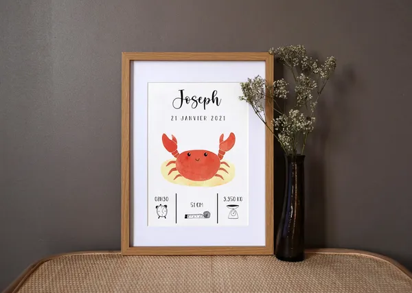 Personalized Crab Birth Poster, Ocean Watercolor Art Print