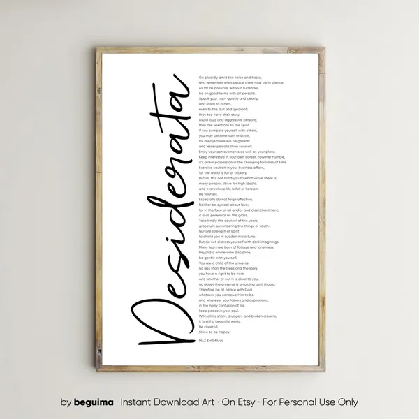 Desiderata Max Ehrmann Poem Poster, Inspirational Words