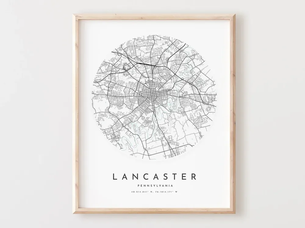 Lancaster Pennsylvania Map Print, City Street Art