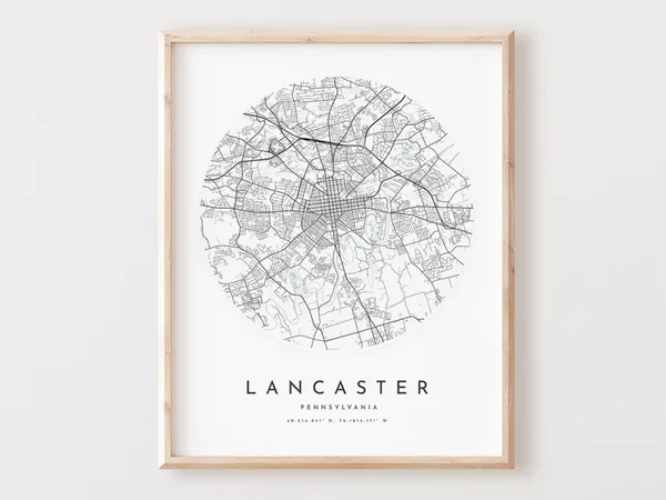 Lancaster Pennsylvania Map Print, City Street Art