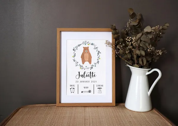 Personalized Birth Poster Bear Watercolor Art Print