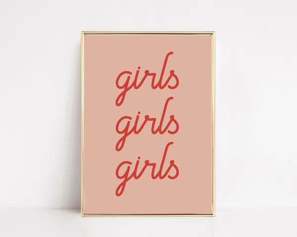 Girls Girls Girls Feminist Wall Art, Pink Aesthetic Print