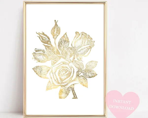 Rose Flower Botanical Gold Wall Decor Art Print